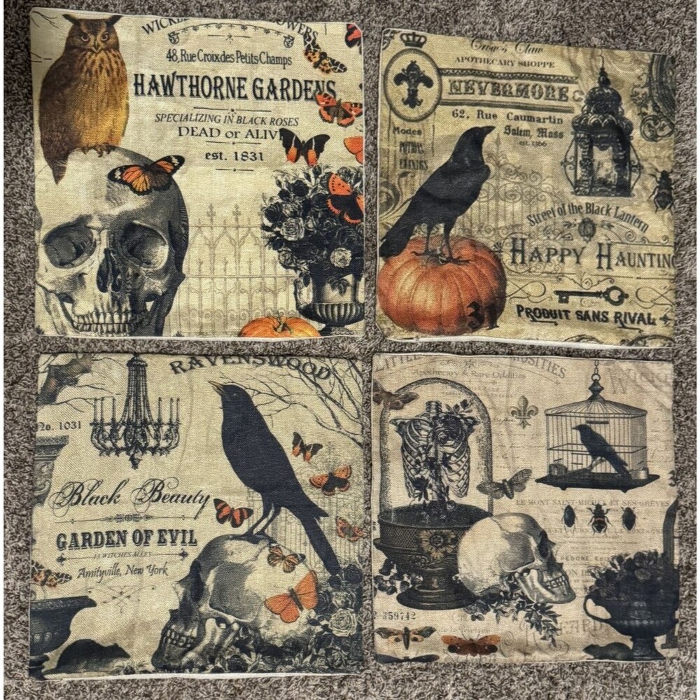 Halloween Pillow Covers Set of 4 Skull Raven Apothecary Vintage Linen Look